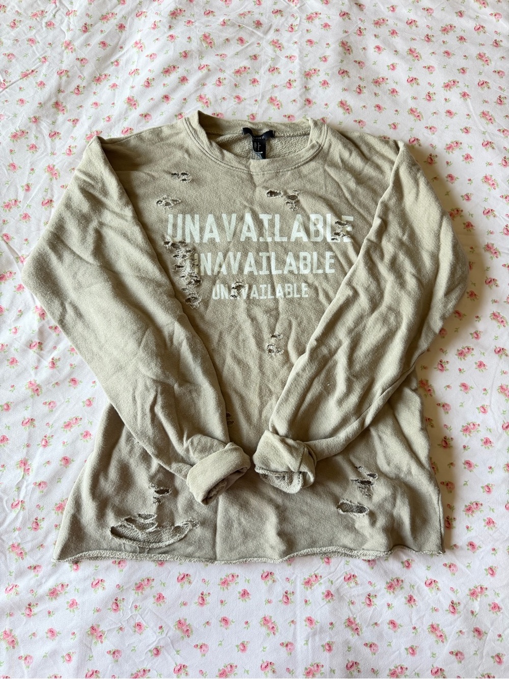 Forever 21 Olive Green "UNAVAILABLE" Distressed Crewneck Sweatshirt